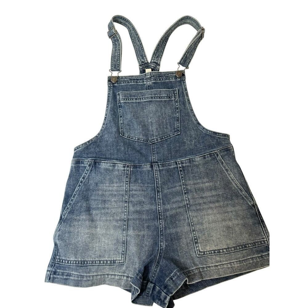 Aerie Denim Bib Shortalls Floral Embroidered Pocket Size Small Romper Casual - Picture 2 of 5